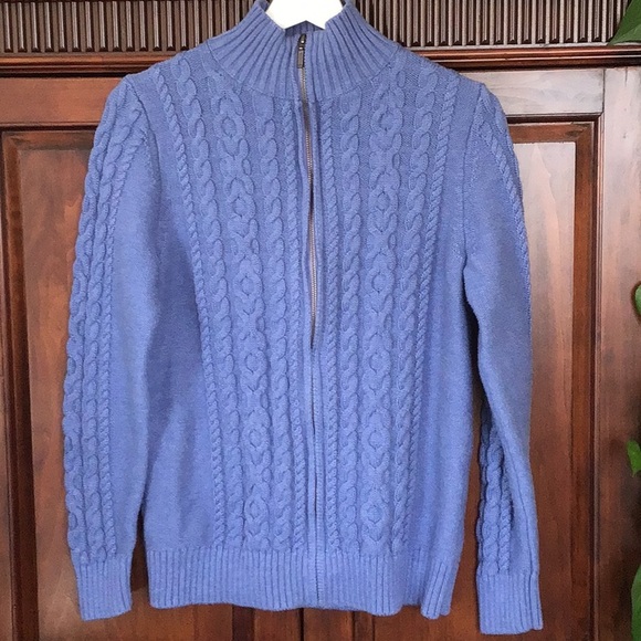 L. L. Bean double cable zip front 100% cotton cardigan periwinkle blue - Picture 2 of 11